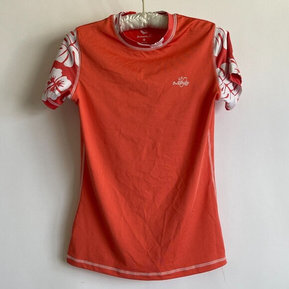 burnside Tops - Burnside Women's Floral Short-Sleeve Swim Tee Size Medium Orange Stretch